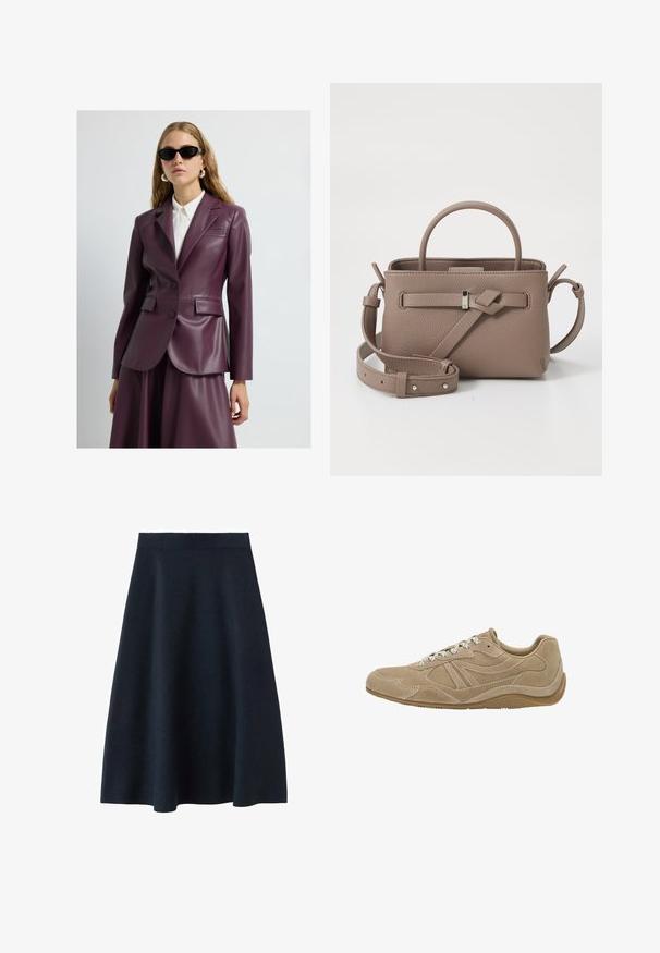 Plumkleurige leren blazer met twee knopen, notch revers en zijkanten zakken, gedragen over een witte overhemd met kraag. Gladde textuur en getailleerde pasvorm.; Donkergrijze korte mouwen gebreide trui met een ronde hals, met een losse pasvorm en raglanmouwen, gemaakt van een zachte, gestructureerde stof.; Een donkerblauwe midi-rok van soepel materiaal, met een nauwsluitende tailleband en een uitlopende vorm, zonder zichtbare patronen of versieringen.; Beige suède sneaker met een laag profiel, gestructureerd oppervlak en witte veters. Heeft een gebogen ontwerp en een rubberen zool voor grip.; Taupe leren handtas met textuur, bovenhandvat, verstelbare schouderband en decoratieve knoopdetail op een witte achtergrond.