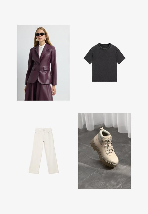 Skórzana marynarka w kolorze śliwkowym z dwoma guzikami, klapami fasonu notch i kieszeniami po bokach, noszona na białej koszuli z kołnierzykiem. Gładka faktura i dopasowany krój.; T-shirt z krótkim rękawem i okrągłym dekoltem, wykonany z ciemnoszarej tkaniny dżinsowej. Charakteryzuje się luźnym krojem, minimalnymi detalami szwów oraz lekko wyblakłą fakturą.; Białe dżinsy w szerokim kroju wykonane z denimu, z wysokim stanem, przednimi kieszeniami i zapięciem na guzik. Czysty design z minimalnymi akcentami.; Beżowy skórzany but trekkingowy z grubą podeszwą wypustkową, wyściełanym kołnierzem i metalowymi oczkami, na tle szarej kamiennej podłogi i przezroczystych zasłon.
