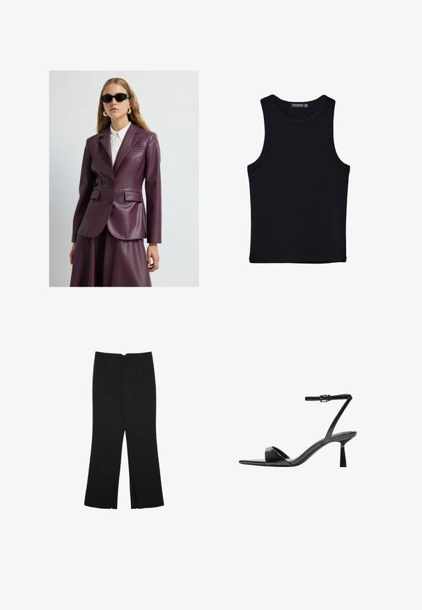 Blazer en cuir couleur prune avec deux boutons, revers crantés et poches latérales, porté sur une chemise blanche à col. Texture lisse et coupe ajustée.; Débardeur noir en coton, avec un col rond et des emmanchures larges. Texture lisse avec des ourlets cousus. Design classique et minimaliste.; Pantalon noir avec une coupe droite, doté de poches avant et d'éclairs sur l'ourlet. Fabriqué en tissu doux et lisse. Convient à diverses occasions.; Bershka Sandales à talons hauts - black