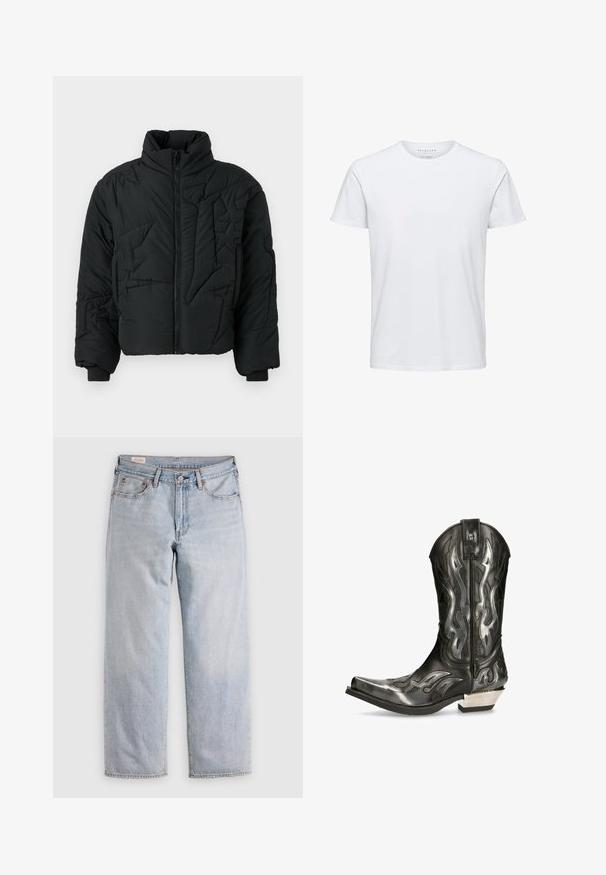Black puffer jacket with a high collar, zip front, and textured geometric stitching. Features ribbed cuffs and cropped design.; White short-sleeve t-shirt made of soft cotton, featuring a crew neck and standard fit, with no patterns or visible hardware.; Light blue straight-leg jeans with a high waist, button closure, and front and back pockets, displayed on a flat surface.; Black leather cowboy boot with silver flame patterns, pointed toe, and a low silver heel. Features stitching details and a pull tab.