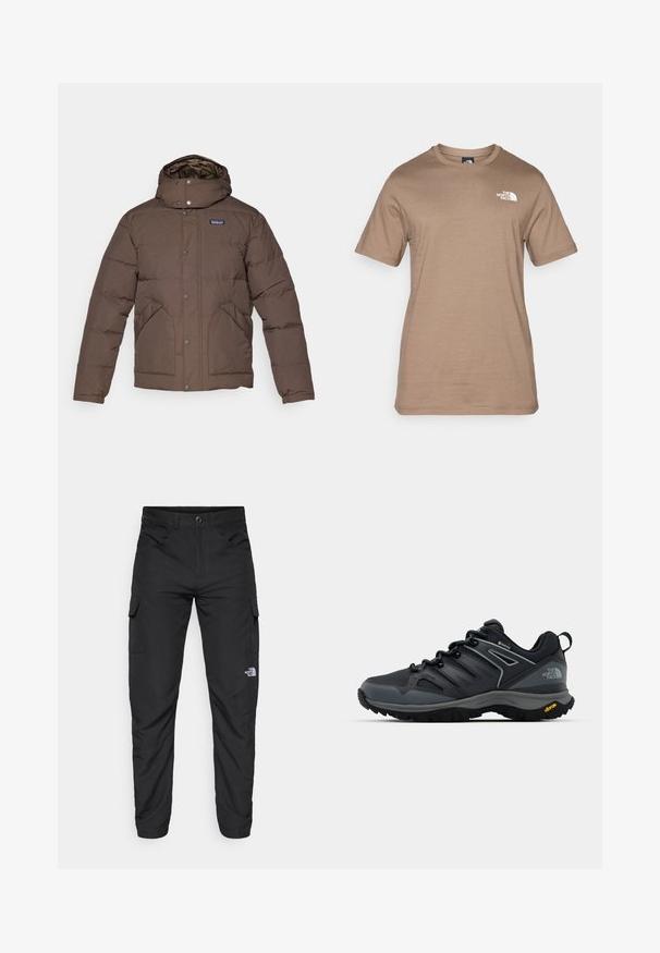 Casaco isolado castanho com colarinho alto e capuz, botões de pressão, bolsos laterais e forro acolchoado. Textura suave e lisa.; T-shirt de manga curta, de algodão castanho claro, com um pequeno logótipo branco no peito. Decote redondo clássico, textura suave e corte padrão.; The North Face HORIZON PANT - Calças para exterior - black; Sapatilha de caminhada preta com um cabedal respirável, detalhes texturizados, sola de borracha e elementos refletivos. Apresenta um logótipo da Vibram no calcanhar.