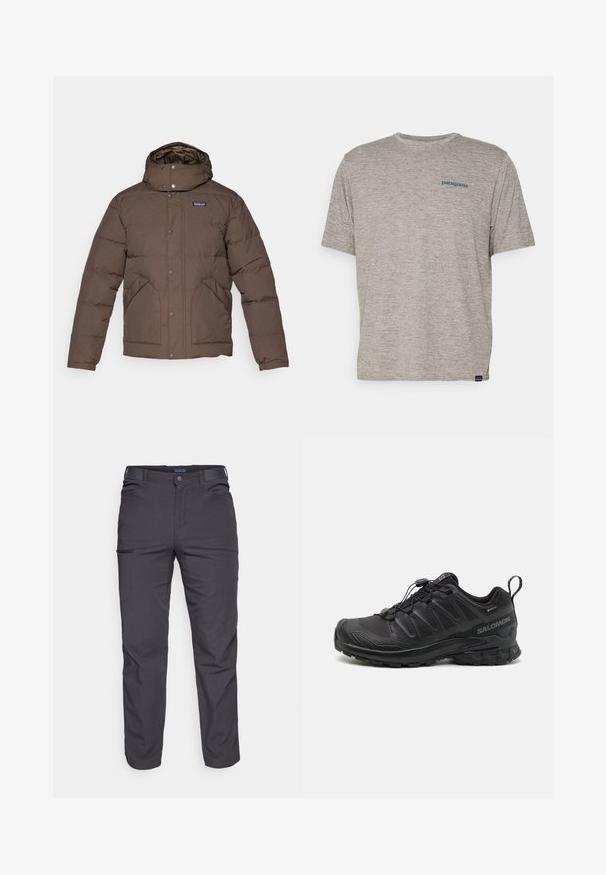 Brown insulated jacket with a high collar and hood, snap buttons, side pockets, and a quilted liner. Soft, smooth texture.; Gray short-sleeve t-shirt made of soft, textured fabric featuring a small blue Patagonia logo on the left chest. No additional patterns.; Dark gray trousers made of durable fabric, featuring a zippered pocket, straight cut, and belt loops for adjustable fit.; Black athletic shoe with a textured synthetic upper, cushioned sole, and a quick-lacing system. Features a reinforced toe and heel.