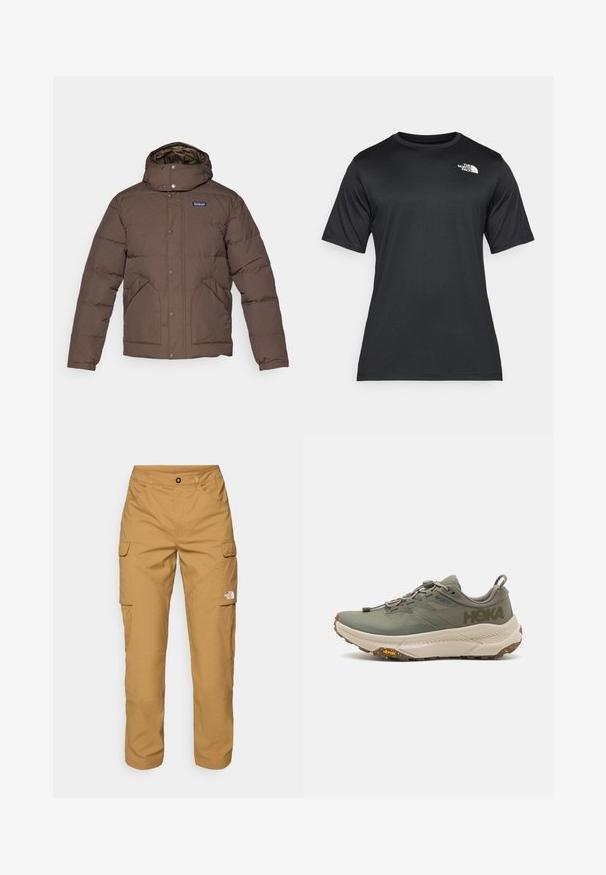 Giubbotto isolante marrone con colletto alto e cappuccio, bottoni a pressione, tasche laterali e fodera trapuntata. Tessuto morbido e liscio.; T-shirt nero a maniche corte realizzato in tessuto leggero e traspirante. Presenta un logo bianco sul lato sinistro del petto e un collo a giro.; The North Face EXPLORATION PANTS - Pantaloni cargo - utility brown; Scarpa da corsa Hoka verde con tomaia in Gore-Tex, dettagli testurizzati, lacci elasticizzati e suola spessa beige con logo Vibram.