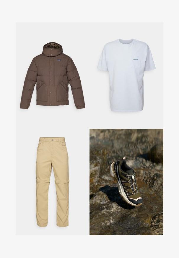 Brown insulated jacket with a high collar and hood, snap buttons, side pockets, and a quilted liner. Soft, smooth texture.; White cotton t-shirt with short sleeves, round neck, and a left chest pocket featuring a blue "Patagonia" logo. Classic fit with a smooth texture.; Beige zip-off pants with a smooth texture, featuring two side pockets, a button closure, and roll-up cuffs for versatility.; Hiking shoe in olive green and black with pink accents. Features a textured upper, flexible sole, reinforced toe cap, and colorful lacing system.