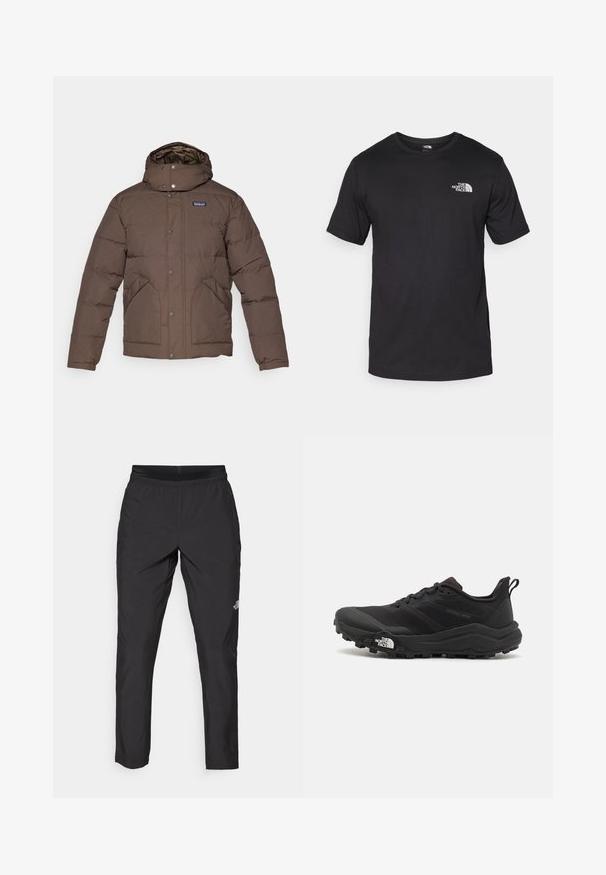 Smeđa izolirana jakna s visokim ovratnikom i kapuljačom, s preklopnim gumbima, bočnim džepovima i podstavom s kvadratićima. Mekana, glatka tekstura.; Crna majica kratkih rukava od pamuka, s okruglim izrezom i malim bijelim logotipom na gornjem lijevom dijelu prsnog koša.; Crne sportske hlače s elastičnim pojasom, izrađene od laganog materijala, s malim logotipom na donjem dijelu noge i ravnim krojem.; Crne trail trkačke cipele s teksturiranim gornjim dijelom, gumeni potplat i ojačana zaštita za prste. Imaju podstavljen ovratnik i trakicu za lakše obuvanje.