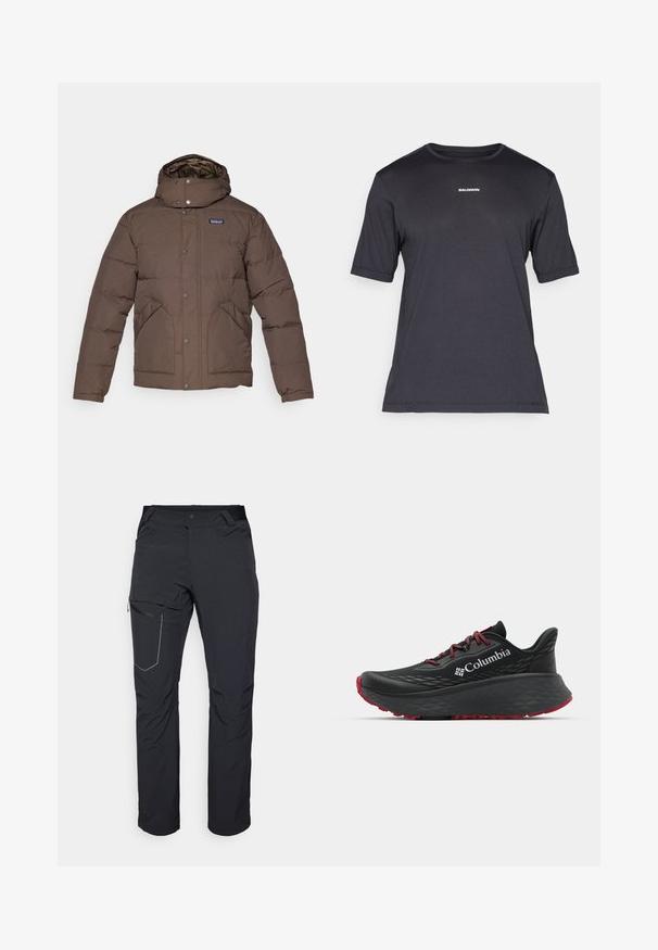 Casaco isolado castanho com colarinho alto e capuz, botões de pressão, bolsos laterais e forro acolchoado. Textura suave e lisa.; T-shirt de desempenho preta de manga curta, feita de tecido respirável, com decote redondo e pequeno logótipo branco "SALOMON" no peito.; Calças de exterior pretas com um bolso com fecho na coxa, cintura elástica e tecido liso e resistente à água. Design limpo, sem logótipos visíveis.; Shoe atlético preto com parte superior texturizada, atacadores vermelhos e logótipo. Sola espessa com padrão para tração. Design minimalista, vista lateral.