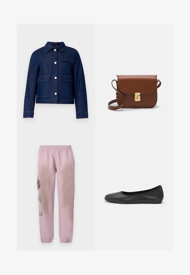 Theory CASUAL RELAXE - Teksajakk - indigo; Valge lühikeste varrukatega T-särk ribatud kangast. Ümara kaelusega, tavalisest sobivusest ja peente õmbluse detailidega. Ilma mustrite või graafikateta.; Roosa spordipüksid elastse paelaga vööl, millel on vasakul küljel dekoratiivsed rombikujulised plaastrid ja elastsed mansetid pahkluude juures.; Musthave mustika tantsutossud mustast nahast, ümmarguse varbaga, siledast tekstuurist, minimaalse õmblusdetailiga ja paindliku tallakujundusega.; Pruunist nahast käekott, millel on klapiga sulgur, kuldne riistvara, õlarihm ja sile tekstuur. Kompaktne ristkülikukujuline vorm.