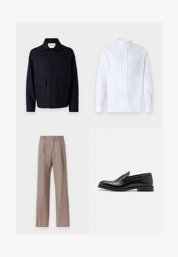 CLOSED JACKET - Jachetă subțire - dark night; Cămașă albă cu mânecă lungă, din bumbac, prevăzută cu un buzunar pe piept cu broderie tonală, guler și manșete cu buton.; Pantaloni bej, cu talie înaltă, dintr-un material texturat. Prezintă picioare late și două pliseuri frontale pentru structură. Finisaj îngrijit, fără accesorii vizibile.; Mocasini din piele neagră cu o textură netedă, vârf rotund și o curea decorativă peste partea superioară. Toc mic, design minimalist.