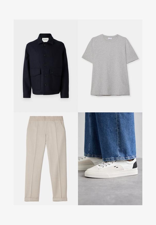 CLOSED JACKET - Mezisezónní bunda - dark night; Šedé tričko s krátkým rukávem vyrobené z měkké, texturované látky. Disponuje klasickým kulatým výstřihem a rovného lemu, vhodné pro každodenní nošení.; Filippa K TERRY CROPPED TROUSERS - Kalhoty - sage melange; Bílé a černé tenisky s hladkým koženým svrškem, texturovanými akcenty a robustní bílou podešví. Mají klasický design se šněrováním.