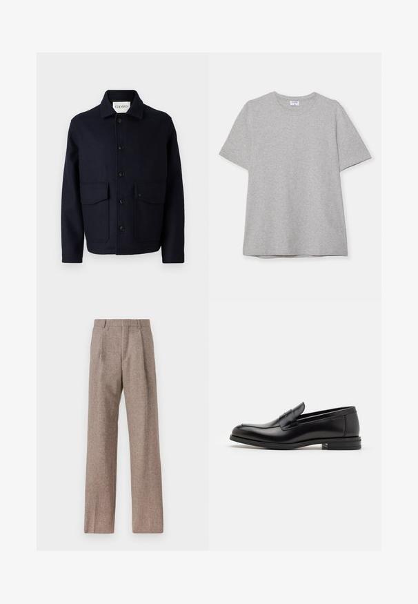 CLOSED JACKET - Light jacket - dark night; Gray short-sleeve T-shirt made from soft, textured fabric. Features a classic crew neck and a straight hem, suitable for casual wear.; Brown, high-waisted trousers made of textured fabric. Features wide legs and two front pleats for structure. Neat finish with no visible hardware.; Black leather loafers with a smooth texture, rounded toe, and a decorative strap across the vamp. Low stacked heel, minimalist design.