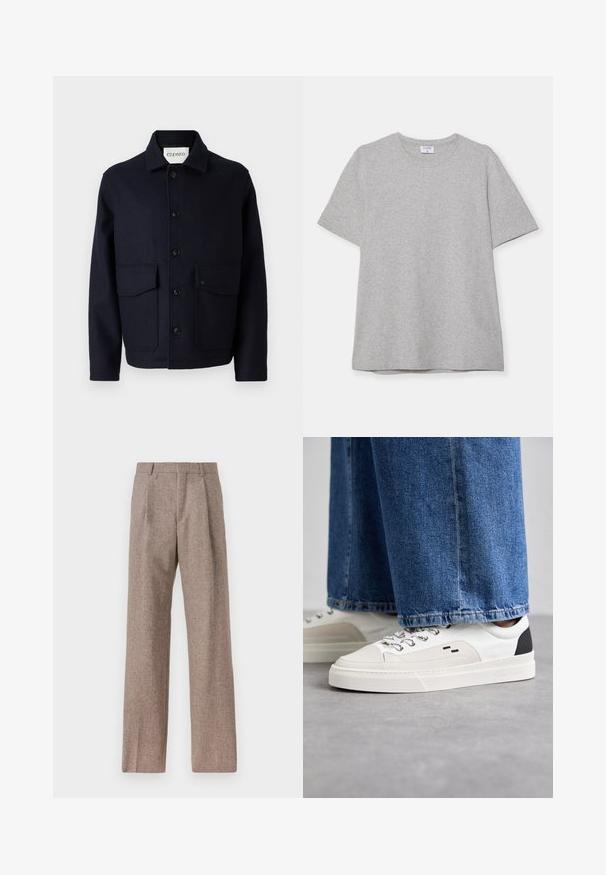 CLOSED JACKET - Giacca da mezza stagione - dark night; T-shirt grigio a maniche corte realizzato in morbido tessuto testurizzato. Presenta un classico colletto a girocollo e un orlo dritto, adatto per un abbigliamento casual.; Pantaloni marroni a vita alta realizzati in tessuto testurizzato. Presentano gambe ampie e due pieghe frontali per struttura. Rifinitura curata senza hardware visibile.; Sneaker bianche e nere con parte superiore in pelle liscia, dettagli testurizzati e suola bianca spessa. Presentano un classico design con lacci.