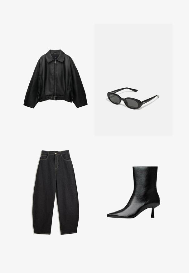 Svart läderjacka med bred krage, dragkedja framtill, två sidofickor och bältesmidja, med en lös passform och slät textur.; Ljusgrå långärmad topp med off-shoulder-design och svarta accenter. Har en rundad halsringning med knytdetalj bak. Material i bomullsmix.; Svarta denimbyxor med vida ben och hög midja, med gul sömnad, två framfickor och en knappstängning.; Svart ankelboot tillverkad av glansigt läder med spetsig tå och smal klack, med en slät yta och minimalistisk design.; Svarta solglasögon med ovala linser, glansigt plastbåge och smala armar. Har Ray-Ban-logotypen i vitt på sidan.; Svart läderhandväska med flätade handtag, texturerad yta, dragkedjeförsedd framficka och dekorativa fransdetaljer. Kompakt och strukturerad form.