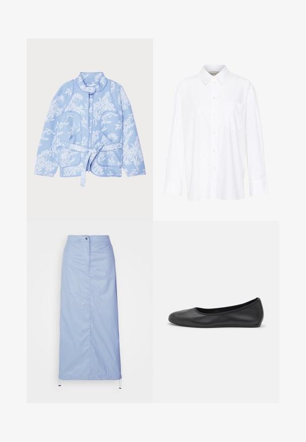 MUNTHE SAHNELY jasnoniebieski; Biała, długosleeve'owa koszula z kołnierzykiem, wykonana z bawełny. Posiada zapięcie na guziki z przodu oraz jedną kieszeń na piersi. Gładka tekstura, luźny krój.; Jasnoniebieska, średniej długości spódnica wykonana z gładkiego, lekkiego materiału, o prostym kroju, z zapięciem na guzik z przodu i ściągaczem na dole.; Czarne skórzane baletki z zaokrąglonym noskiem, gładką fakturą, minimalnymi przeszyciami i elastycznym designem podeszwy.