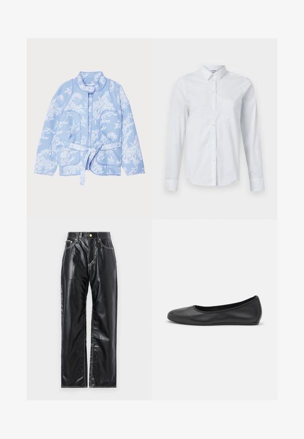 MUNTHE SAHNELY - Jachetă de vară - light blue; Cămașă albă cu mânecă lungă din bumbac. Prezintă un guler cu nasturi, guler ascuțit și o buzunar pe piept pe partea stângă.; Pantaloni negri din piele ecologică cu croială largă, cu cusături albe, buzunare frontale și un nasture aurie la talie.; Balerini din piele neagră, cu vârf rotund, textură netedă, detalii de cusătură minimale și un design al tălpii flexibil.