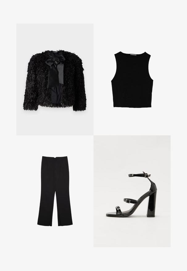 Čierna nadýchaná bunda s okrúhlym výstrihom, dlhými rukávmi a veľkým saténovým mašľovým detailom vpredu. Má textúrový, chlpatejší povrch.; Čierny bezrukávový crop top vyrobený z hladkej tkaniny, so zaobleným výstrihom a čistým, jednoduchým dizajnom bez vzorov alebo kovania.; Čierne nohavice so strihom rovného strihu, s prednými vreckami a bočnými rozparkami na leme. Vyrobené z mäkkej, hladkej tkaniny. Vhodné na rôzne príležitosti.; Čierne lakované sandále na podpätku so štvorcovou špičkou, navlečenými remienkami okolo členku a striebornými prackami. Disponujú masívnym blokovým podpätkom pre stabilitu.