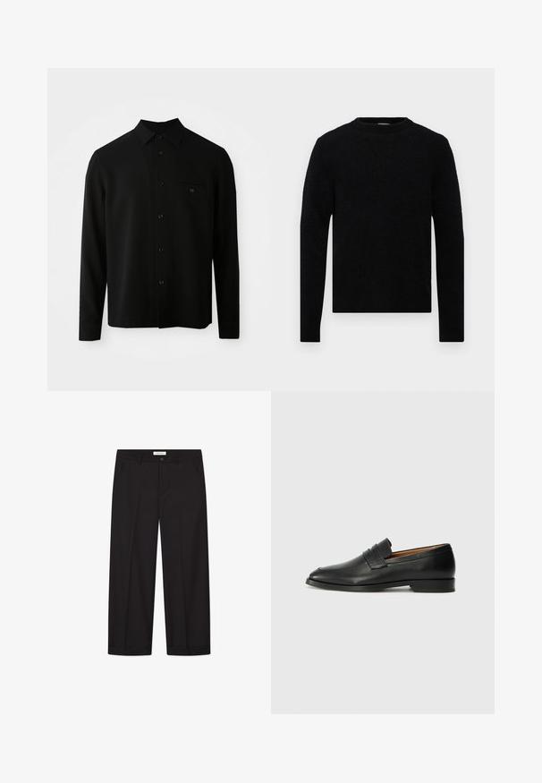 Zwarte langemouwhemd met een button-down kraag, een borstzak en een knoopsluiting; gemaakt van een gladde, gestructureerde stof.; Filippa K SWEATER - Trui - black; Effen witte kortemouwen relaxte T-shirt plat neergelegd op een lichtgrijze achtergrond.; Zwarte wijde broek van soepel materiaal. Voorzien van een knoop- en ritssluiting, twee voorkanten zakken en een nette zoomafwerking.; Zwarte leren instapper met een ronde neus, subtiele stikdetails en een lage hak, met een gladde textuur en een minimalistisch ontwerp.