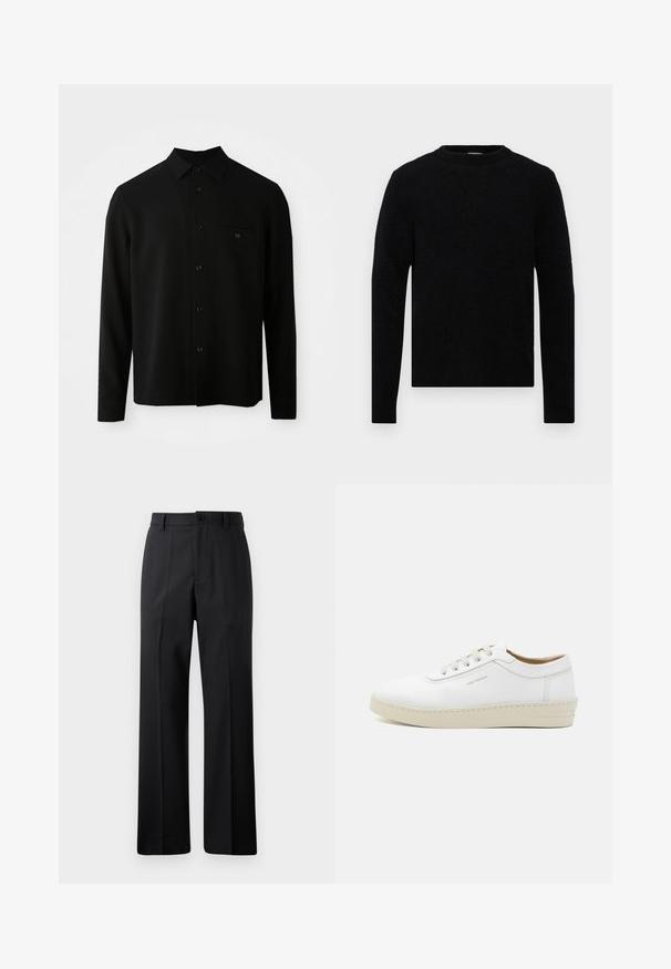 Zwarte langemouwhemd met een button-down kraag, een borstzak en een knoopsluiting; gemaakt van een gladde, gestructureerde stof.; Filippa K SWEATER - Trui - black; Zwarte rechte broek met riemlussen, voorknop en rits, weergegeven op een effen witte achtergrond.; Witte leren sneaker met een gestructureerde afwerking, ronde neus, beige rubberen zool en zes grijze vetersleuven, met onopvallende branding aan de zijkant.
