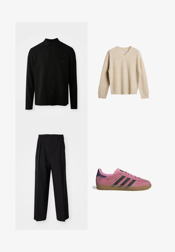 Svart långärmad skjorta med krage som knäpps, framficka och knappstängning; tillverkad av ett mjukt, strukturerat tyg.; Beige, ribbad stickad tröja med V-ringning och långa ärmar. Har en avslappnad passform och texturerad tyg för ökad värme och komfort.; Svarta plisserade byxor med en rak, bred bendesign. Tillverkade av ett slätt tyg, med knäppning fram och bälteshällor.; Rosa mockasnöre med svarta ränder, gummsula och texturerad lila häl. Har en snörningsdesign och prägling på sidan.