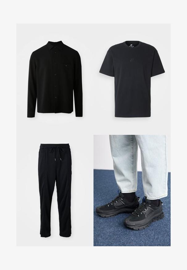 Melna garām piedurknēm krekls ar pogājamu apkakli, priekšējo kabatu un pogāmu aizdari; izgatavots no gludas, strukturētas auduma.; Nike melns kokvilnas T-krekls ar klasisku piegriezumu, īsām piedurknēm un smalku, reljefu logotipu uz krūškurvja. Gluda tekstūra.; Melnas bikses ar aukliņu jostas vietā, ar sānu kabatām un taisnu kāju griezumu uz vienkrāsaina fona.; Melni sporta apavi ar strukturētu audumu un gumijas zoli, ar elastīgām auklām un zilu akcentu uz papēža. Nēsāti ar gaišām džinsu biksēm.
