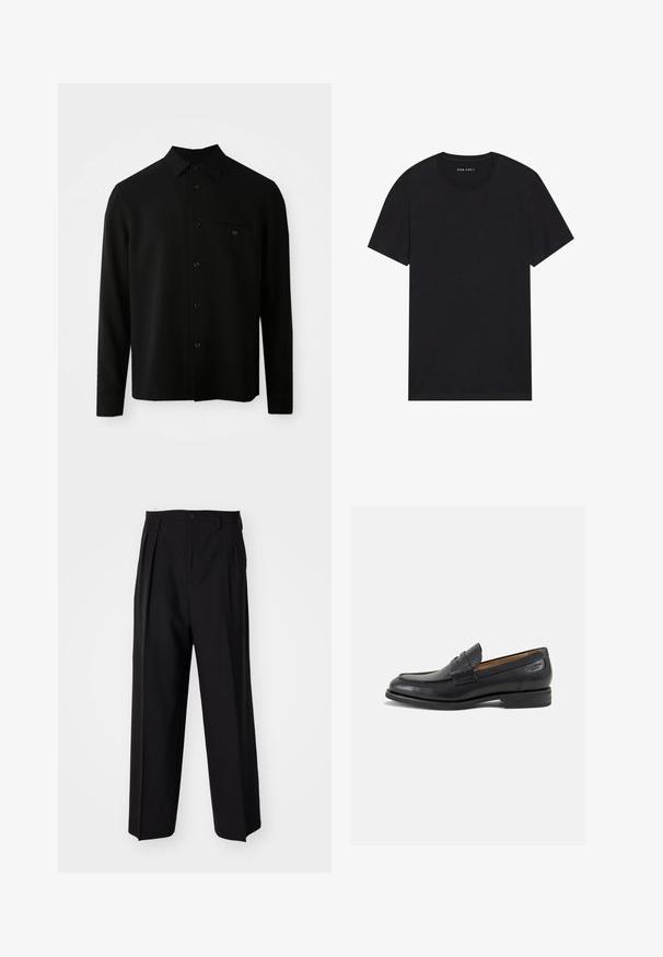 Zwarte langemouwhemd met een button-down kraag, een borstzak en een knoopsluiting; gemaakt van een gladde, gestructureerde stof.; Zwarte katoenen t-shirt met korte mouwen en een ronde hals. De stof heeft een gladde textuur en een eenvoudig, effen ontwerp.; Zwarte geplooide broeken met een rechte, brede pijpontwerp. Gemaakt van soepele stof, met een knoopsluiting en riemlussen.; Zwarte leren loafers met een gladde afwerking, ronde neus en decoratieve stiksels op de wreef. Lage gestapelde hak en een lichte glans.