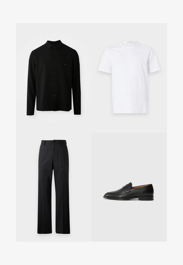 Black long-sleeve shirt featuring a button-down collar, front pocket, and a buttoned closure; made from a smooth, textured fabric.; White cotton t-shirt with a round neckline and short sleeves. Smooth texture, straight cut, and minimalistic design without patterns or accents.; Black straight-leg trousers with belt loops, front button, and zipper closure, displayed against a plain white background.; Black leather loafer with a rounded toe, subtle stitched detailing, and a low heel, featuring a smooth texture and minimalist design.