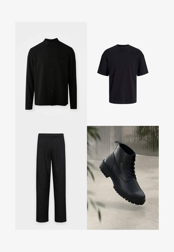 Zwarte langemouwhemd met een button-down kraag, een borstzak en een knoopsluiting; gemaakt van een gladde, gestructureerde stof.; Zwarte katoenen t-shirt met een ronde halslijn, korte mouwen en een relaxte pasvorm. Glad textuur en geen zichtbare patronen of accenten.; Zwarte broeken van gladde stof, met een recht model, twee voorknikken en een standaard tailleband met riemlussen.; Zwarte leren enkelboots met een ronde neus, vetersluiting en robuuste rubberen zool. Gladde textuur met een bevestigingslus aan de achterkant.