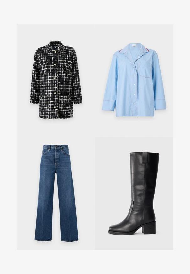 Mørkeblå og hvid ternet blazer lavet af tekstureret stof, med krave, lange ærmer, forlommer og dekorative knapper.; Lyseblå skjorte med knapper og lange ærmer, præget af rød kontrastsyning og en brystlomme. Blødt stof med en afslappet pasform.; Bredbenede blå jeans lavet af denim med høj talje, forlommer og kontraststing. Stoffet har en glat tekstur.; Sorte læderknæhøje støvler med en glat tekstur, firkantet tå, blokhæl og sideløkke, der har minimale syninger.