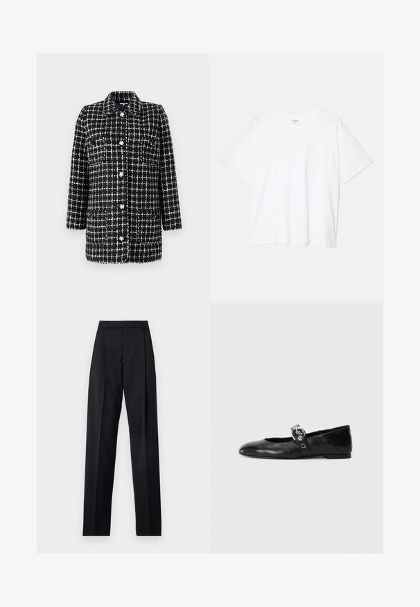 Marineblauwe en witte geruite blazer van gestructureerde stof, met een kraag, lange mouwen, grote zakken en decoratieve knopen.; Witte katoenen t-shirt met korte mouwen, ronde halslijn, comfortabele pasvorm en gestikte zoom. Etiket zichtbaar aan de binnenzijde van de hals.; Zwarte broek gemaakt van gladde stof met een hoge taille, wijde benen, voorplooien en klassieke ceintuurlussen. Geen zijzakken zichtbaar.; Zwarte leren balletschoenen met een spitse neus, voorzien van een band met een ronde metalen gesp en een platte zool.