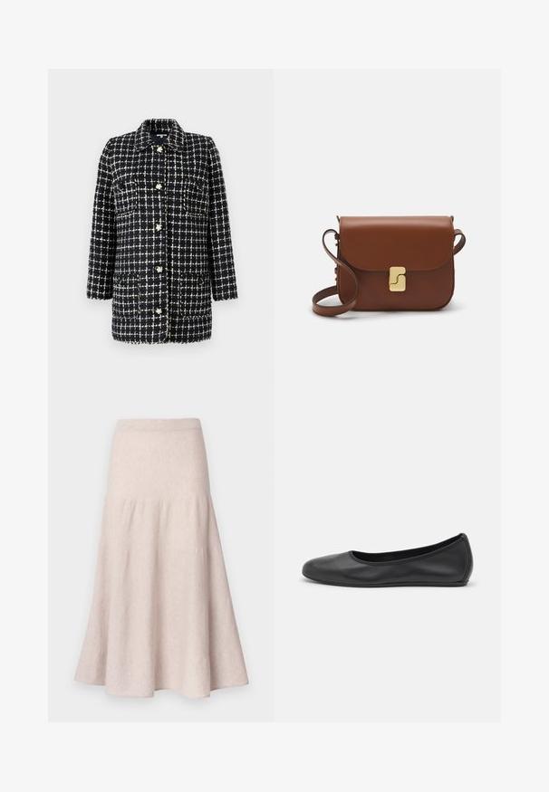 Blazer de patrón a cuadros en azul marino y blanco, hecho de tela texturizada, con cuello, mangas largas, bolsillos frontales y botones decorativos.; Camiseta de manga corta blanca hecha de tela de canalé. Cuello redondo, corte regular y detalles de costura sutiles. Sin patrones ni gráficos.; Falda acampanada de color beige claro hecha de tela suave, con cintura alta y diseño fruncido con una silueta fluida.; Bailarina de piel negra con punta redondeada, textura suave, detalle de costura minimalista y diseño de suela flexible.; Bolso de mano de cuero marrón con cierre de solapa, herrajes en tono dorado, correa para el hombro y una textura suave. Forma rectangular compacta.