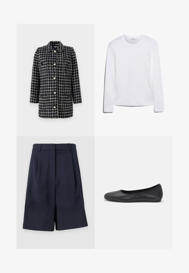 Mørkeblå og hvid ternet blazer lavet af tekstureret stof, med krave, lange ærmer, forlommer og dekorative knapper.; Langærmet hvid T-shirt lavet af ribbet bomuld, med rund halsudskæring og lige kant. Simpelt design uden mønstre eller accenter.; Mørkeblå skræddersyede shorts lavet af et glat stof med høj talje, folder foran og sidelommer. Ren, struktureret silhuet.; Sort læderballetsko med rund tå, glat tekstur, minimal syning og et fleksibelt såldesign.