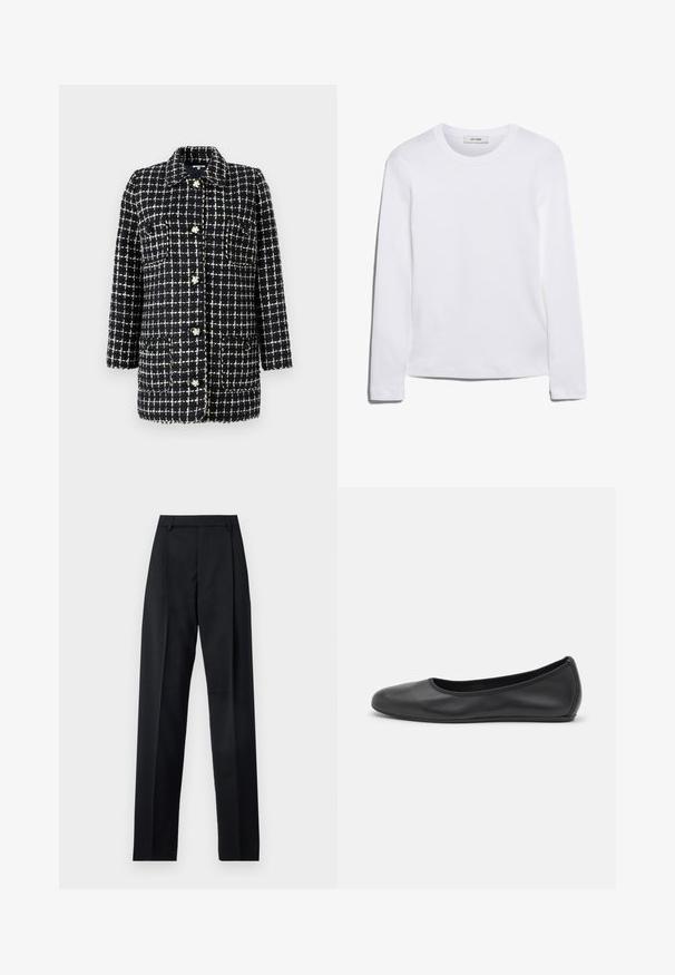 Pojasnjak s mornarsko plavom i bijelom kariranim uzorkom izrađen od teksturiranog materijala, s ovratnikom, dugim rukavima, prednjim džepovima i dekorativnim gumbima.; Dugi rukav bijela majica od rebrastog pamuka, s okruglim izrezom i ravnim rubom. Jednostavan dizajn bez uzoraka ili naglasaka.; Crne hlače od glatkog materijala s visokim strukom, širokim nogavicama, prednjim pregibima i klasičnim petljama za remen. Nema vidljivih bočnih džepova.; Crne kožne baletanke s zaobljenim vrhom, glatke teksture, minimalnim detaljima šavova i fleksibilnim dizajnom potplata.