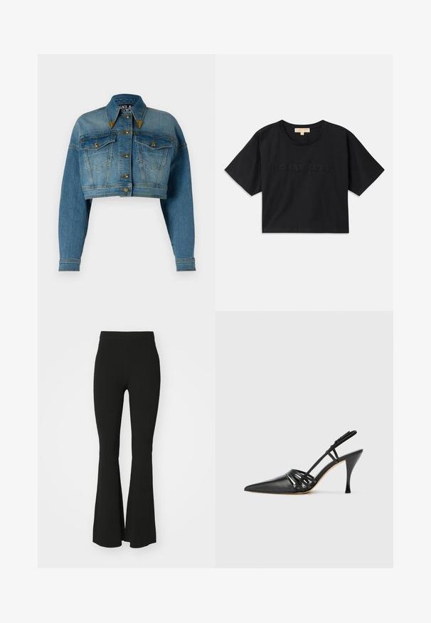 Versace Jeans Couture Traper jakna - indigo; Crna kratka majica od pamuka. Ima okrugli izrez i kratke rukave. "MICHAEL KORS" izvezena u boji koja odgovara na prednjoj strani.; Crne široke hlače od rastezljivog materijala, s visokim strukom i glatkom, neukrasnom površinom. Jednostavan i prilagodljiv dizajn.; Crne kožne cipele na visokom potpeticu s otvorenim potpeticama, šiljastim prstom, dizajnom s križnim trakama i tankim štiklama. Glatka tekstura i minimalni akcenti.