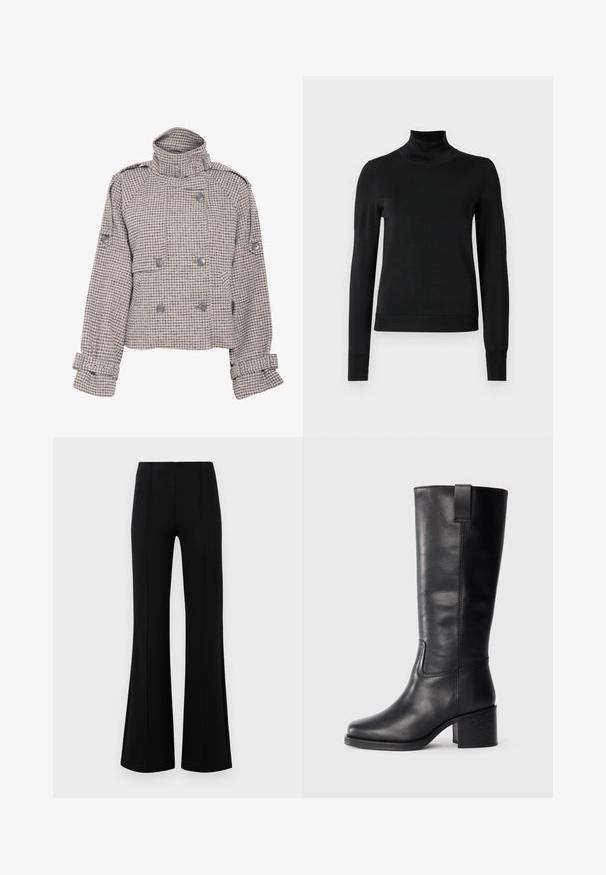 Gestuz AVIC SHORT JACKET - Giacca da mezza stagione - rose dust/grey; Pullover nero a maniche lunghe con collo alto, rifinito con polsini e orlo a coste, mostrato su uno sfondo bianco semplice.; Pantaloni neri a zampa d'elefante con vita alta, realizzati in tessuto elastico. Presentano dettagli di cucitura verticale nella parte anteriore e una texture liscia.; Stivali al ginocchio in pelle nera con una texture liscia, punta quadrata, tacco a blocco e linguetta laterale, caratterizzati da dettagli di cucitura minimi.