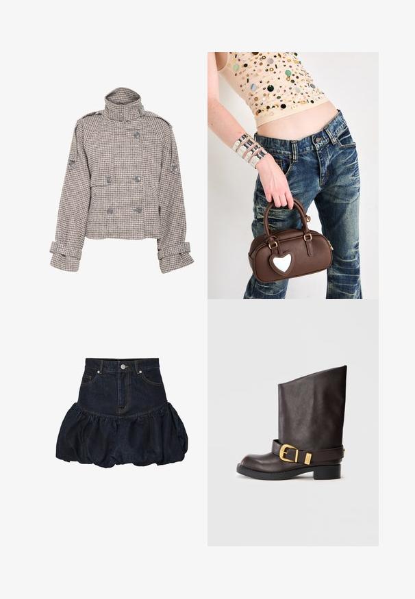 Gestuz AVIC SHORT JACKET - Jachetă subțire - rose dust/grey; Cămașă albă cu mâneci lungi, cu guler structurat și cravată neagră, având o textură de bumbac neted și un design cu nasturi la față.; Fustă din denim închis, cu talie ajustată și un volan pufos și strâns în partea de jos. Are buzunare frontale și sistem de închidere cu un buton metalic.; Cizme din piele maro închis, până la gamă, cu talpă neagră, toc mic și curea decorativă aurie în jurul gleznei, prezentate din lateral.; Geantă din piele maro, cu un accent în formă de inimă, design rotunjit, accesorii din aur, ținută în mână; asortată cu blugi deteriorați și un top cu mărgele.