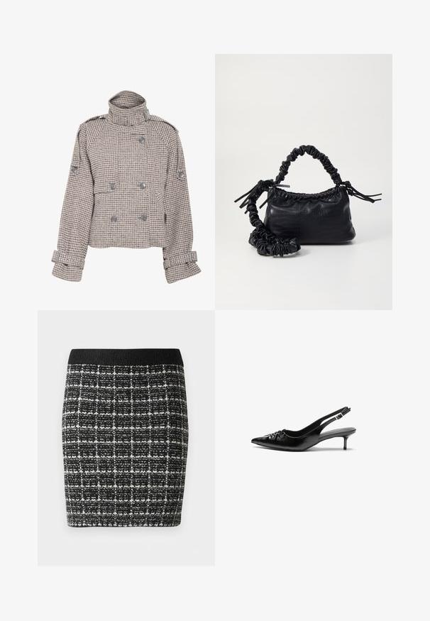 Gestuz AVIC SHORT JACKET - Allvädersjacka - rose dust/grey; Vit långärmad blus med ståkrage, vertikala veck på framsidan, knappstängning och spetsdekorerade ärmslut.; Svart- och vitrutigt kjol med en texturerad tyg, med en svart midja och en figurnära silhuett.; Svart läderslingback med spetsig tå, låg klack i kattunge-stil och veckdetalj på framdelen. Slät textur och minimalistisk design.; Svart faux läderhandväska med krokodiltextur, snodd topp och en skrämd rem. Ser mjuk och kompakt ut i designen.
