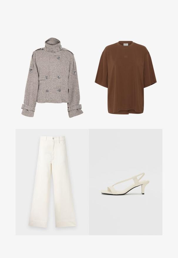 Gestuz AVIC SHORT JACKET - Jas - rose dust/grey; Bruine oversized T-shirt met korte mouwen en ronde hals, met een klein geborduurd logo gecentreerd op de borst.; Bredere broek van lichtbeige katoen. Heeft een hoge taille, voorzakken en een rechte snit. Schoon afgewerkte zoom zonder patronen.; Beige blockhak sandalen met dunne bandjes en een vierkante neus. Glad materiaal met minimale details, ontworpen voor eenvoudig dragen.