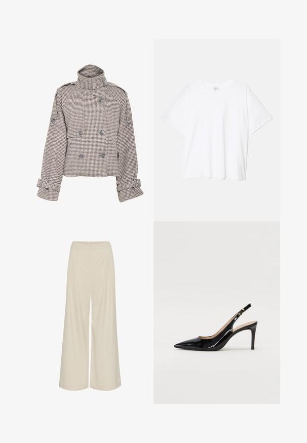 Gestuz AVIC SHORT JACKET - Jas - rose dust/grey; Witte katoenen t-shirt met korte mouwen, ronde halslijn, comfortabele pasvorm en gestikte zoom. Etiket zichtbaar aan de binnenzijde van de hals.; Wijdbenige broeken van een lichtbeige stof, met plooien, een hoge taille en een gladde textuur zonder zichtbare versieringen.; Zwarte gepatineerde leren slingback pump met een puntige neus, slanke hak en een subtiel uitgesneden ontwerp. Bevat een gouden gesp op de band.