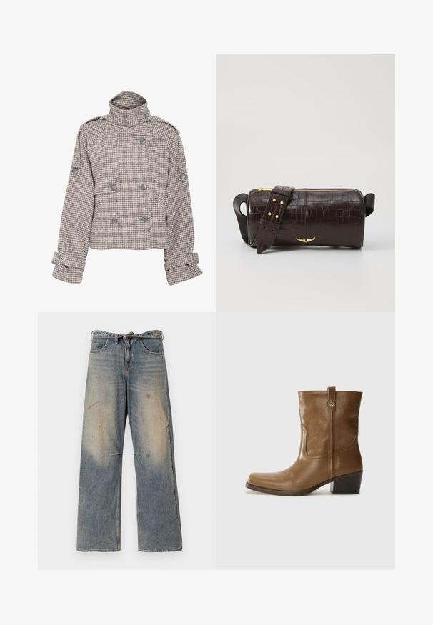 Gestuz AVIC SHORT JACKET - Overgangsjakke - rose dust/grey; Langærmet, lys beige top med rund halsudskæring. Lavet af blødt stof, har en central søm og let buet kant. Der er ingen synlige metaldele.; Lysblå denimjeans med et løst, lige ben-design. Har slidte, falmede og beskadigede detaljer nær knæene. Klassisk fem-lomme stil.; Brun læder ankelstøvle med firkantet tå, tekstureret overflade og en lav stablet hæl. Har en bageste hælflap og subtile syningsdetaljer.; Brun krokodilleder taske med cylindrisk form, hardware i guld-tone, og en aftagelig rem med nitter.