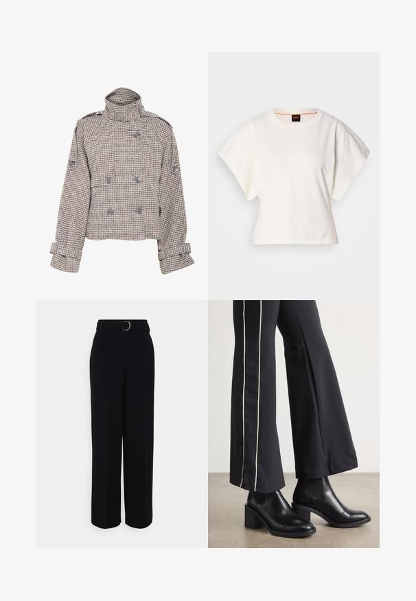 Gestuz AVIC SHORT JACKET - Übergangsjacke - rose dust/grey; Weißes, kurzes T-Shirt, kurze weite Ärmel, weicher Baumwollstoff, runder Ausschnitt mit subtilen orangefarbenen Akzenten, minimales Design, keine Muster oder Grafiken.; Schwarze maßgeschneiderte Hose mit weit auslaufendem Schnitt, ausgestattet mit einem Gürtel mit einer silbernen Schnalle, Falten und einer glatten Stofftextur.; Schwarze Lederstiefeletten mit einem Blockabsatz, ausgestattet mit elastischen seitlichen Einsätzen. Kombiniert mit schwarzen Hosen, die einen weißen Seitenstreifen haben.