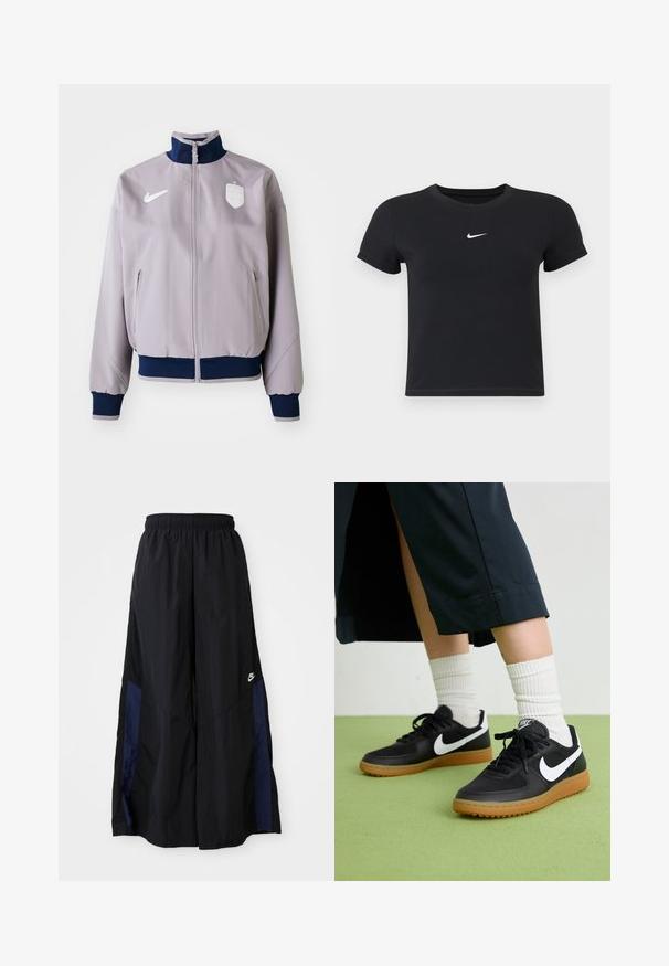 Vaaleanharmaa pomppujakku, jossa on tummansiniset kaulus ja hihansuut, edessä vetoketju, sivutaskut sekä valkoinen logo ja merkki rinnassa.; Mustat lyhyet hihattomat t-paidat, jotka on valmistettu puuvillasta ja joissa on pyöreä pääntie. Sisältää valkoisen Nike-logon rinnassa, yksinkertainen muotoilu ja kapea leikkaus.; Musta leveälahkeinen housu, joka on valmistettu kevyestä kankaasta. Housuissa on tummansininen sivupaneeli ja joustava vyötärö. Alhaalla on pieni valkoinen logo.; Mustat nahka- ja synteettiset urheilukengät, joissa on valkoinen Nike-merkki, kuminen pohja, pyöreä kärki ja mustat nauhat. Raitapintaiset valkoiset sukat näkyvissä.