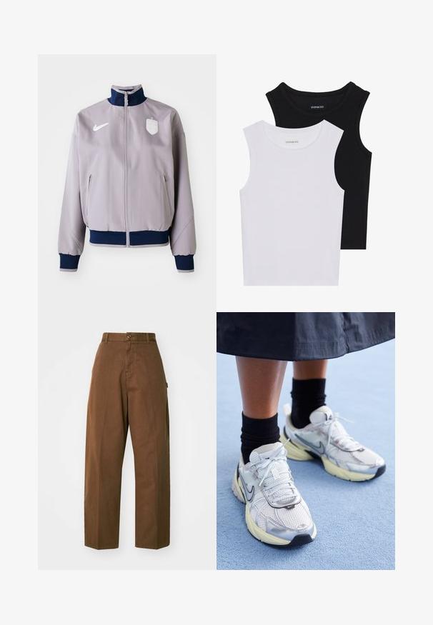 Gaiši pelēks bomber jakas ar tumši zilu apkakli un aprocēm, priekšējo rāvējslēdzēju, sānu kabatām un baltu logo un emblēmu uz krūtīm.; Divas bez piedurknēm melnbaltā krāsā, izgatavotas no ribotu kokvilnas, ar apaļām kakla izgriezumiem un pieguļošu dizainu. Uz abām ir redzami etiķetes.; Brūni, platleği bikses izturīga auduma, ar pogu aizdari un sānu kabatām. Gluda tekstūra un taisnā griezumā.; Baltie un sudraba Nike kedas ar tīkla audumu, atstarojošiem akcentiem un bēša zoli. Valkātas ar melnām zeķēm, stāvot uz zilas virsmas.