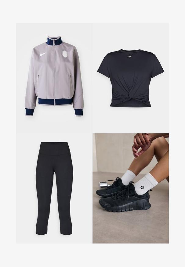 Helles graues Bomberjacke mit einem marineblauen Kragen und Manschetten, Frontreißverschluss, Seitentaschen und einem weißen Logo sowie Emblem auf der Brust.; Schwarzes Sport-T-Shirt aus glattem Stoff, mit einem geknoteten Vorderdesign und einem kleinen weißen Nike-Logo auf der Brust.; Schwarze, cropped Leggings aus dehnbarem Material, mit einem hohen Bund und glatter Textur, ohne sichtbare Muster oder Hardware.; Schwarze Sportschuhe aus strukturiertem Stoff, mit Schnürdesign und auffälliger Sohle, kombiniert mit weißen gerippten Socken, die ein kleines Logo tragen.