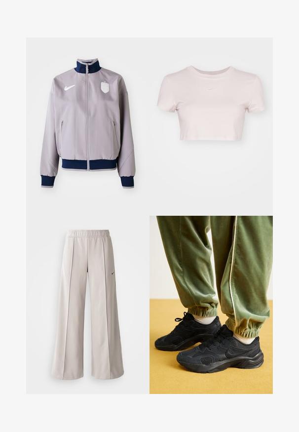 Heledhalli bomber-jakk tumesinise krae ja mansettidega, esi lukuga, küljetaskudega ning valge logo ja embleemiga rinna kohal.; Lühikeste varrukatega helesinine lühikesed T-särk, valmistatud pehmest kangast. Omab ümmargust kaelaauku ja rinnal on väike valge Nike logo.; Heledad hallide püksid, mis on valmistatud siledast kangast. Omab elastset vöökohta ja musta Nike logo vasakul küljel.; Mustad mustad spordijalatsid, millel on võrgust ja sünteetilistest materjalidest pealmine osa, tekstureeritud tallad, koos roheliste, elastse pitsiga dressipüksidega, kollasel pinnal.