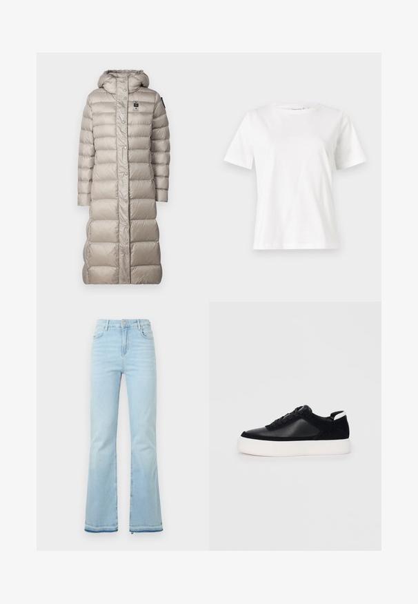 Blauer ANITA - Sulemantel - grigio nebbia/blue; Valge puuvillane T-särk lühikeste varrukatega, ümmarguse kaelusega ja vabalt istuv. Sile tekstuur, ilma mustrite ja aktsentideta, minimalistik disain.; Heledad helesinised teksad, mis on valmistatud denimist, kõrge vöökohaga, esikottidega ning toore äärtega sääreosas, et luua lõdvestunud välimus.; Mustad mustad spordijalanõud siledast nahast ja sametist paneelidega, lame nööriga, ümar varvas ja valge kummist tallaga. Erakordne logo kontsas.