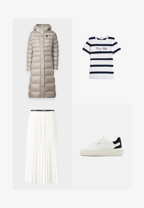 Blauer ANITA - Dūnu mētelis - grigio nebbia/blue; Kokvilnas T-krekls ar horizontālām tumši zilām svītrām uz balta fona. "Tommy Hilfiger" izšūts skriptā uz krūšu daļas. Cauruma apkakle.; Gari plānas baltas svārku ar melnu elastīgu jostu, uz kuras redzams "LACOSTE" logo. Vidēja garuma dizains ar mīkstu tekstūru.; Baltas ādas sporta apavi ar biezu balto zoli, melna zamša uzpura un izspiestais logotips sānos. Šņorējuma dizains ar sešiem acu caurumiem.