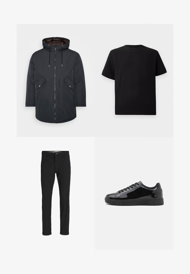 Parka nera isolata con cappuccio, chiusura con zip, due tasche frontali e cordini. Tessuto esterno liscio e rivestimento interno a contrasto.; T-shirt corto nero a maniche corte realizzato in tessuto testurizzato, con scollatura rotonda e vestibilità comoda. Semplice, senza motivi o dettagli.; Pantaloni neri in cotone misto con vestibilità slim, dotati di chiusura con bottone, tasche e orli arrotolati per un look informale.; Sneakers in vernice nera con punta tonda, suola piatta in gomma e lacci neri. Superficie superiore liscia e lucida.