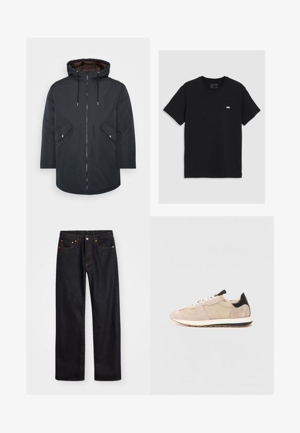 Černá zateplená parka s kapucí, zipem, dvěma předními kapsami a stahovacími šňůrkami. Hladká vnější tkanina a kontrastní podšívka.; Černé bavlněné tričko s krátkým rukávem, kulatým výstřihem, malým bílým logem Levi's na hrudi, hladká textura, klasický střih.; Pánské černé džíny rovného střihu s pěti kapsami a oranžovým prošíváním, s knoflíkem a zipem na předním pásku.; Béžové semišové tenisky s síťovanými panely, bílými tkaničkami a černým akcentem na patě. Silná bílá podrážka s černým pruhem přidává kontrast.