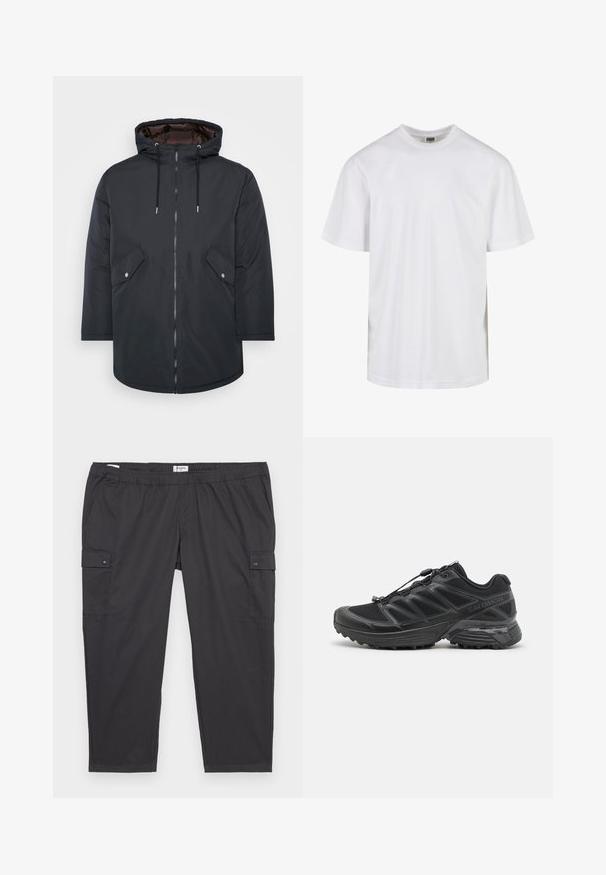 Parka negra aislante con capucha, cierre de cremallera, dos bolsillos frontales y cordones. Tela exterior suave y forro interior en contraste.; Camiseta de algodón blanca con escote redondo y mangas cortas. El diseño es liso, sin patrones ni acentos.; Pantalones cargo negros con una cintura elástica, bolsillos laterales y detalles de botones a presión. Fabricados con una tela ligera y suave.; Zapatilla de correr negra con parte superior de malla y sintético, suela flexible y cordones elásticos. Presenta una entresuela acolchada para mayor comodidad.