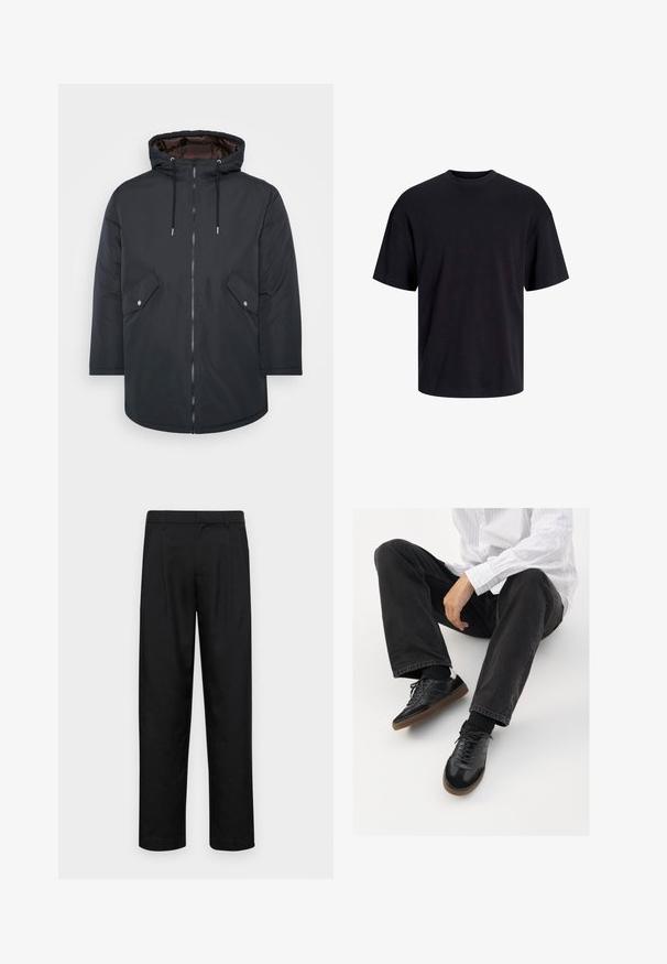 Svart isolert parka med hette, glidelåsfront, to frontlommer og snøring. Glatt yttermateriale og kontrastfarge på innerfôr.; Svart bomull t-skjorte med rund hals, korte ermer og en avslappet passform. Glatt tekstur uten synlige mønstre eller detaljer.; Sorte bukser laget av glatt stoff, med rette ben, to frontfoldninger og standard liv med beltehemper.; Svarte joggesko med en glatt og teksturert overflate, med gummisåle og mørke snører. Kombinert med svarte jeans og en hvit stripet skjorte.