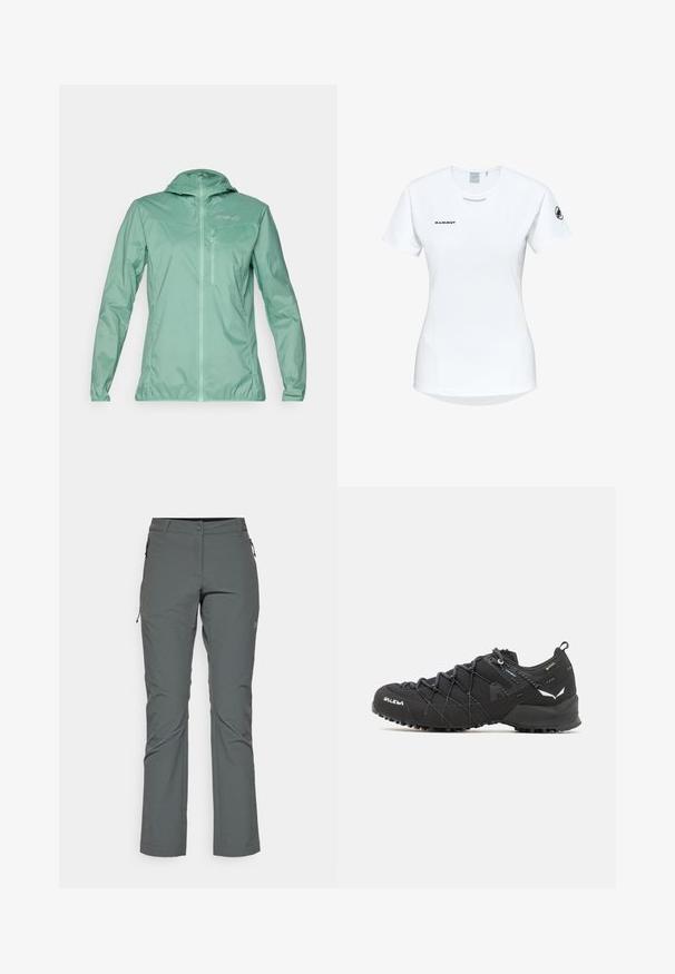 Lekki, miętowy płaszcz z kapturem, z pełnym zamkiem z przodu i kieszenią na suwak na piersi. Gładka tekstura z półmatowym wykończeniem.; Koszulka sportowa z krótkim rękawem w kolorze białym, z okrągłym dekoltem, z logo na piersi i gładką, lekką teksturą materiału.; Szare spodnie outdoorowe wykonane z lekkiego, teksturowanego materiału; posiadają kieszenie zapinane na zamek oraz dopasowany krój z prostymi nogawkami.; Czarne buty trekkingowe z teksturowaną cholewką z tkaniny, systemem sznurowania i wytrzymałą gumową podeszwą. Udekorowane odblaskowymi detalami i logo.